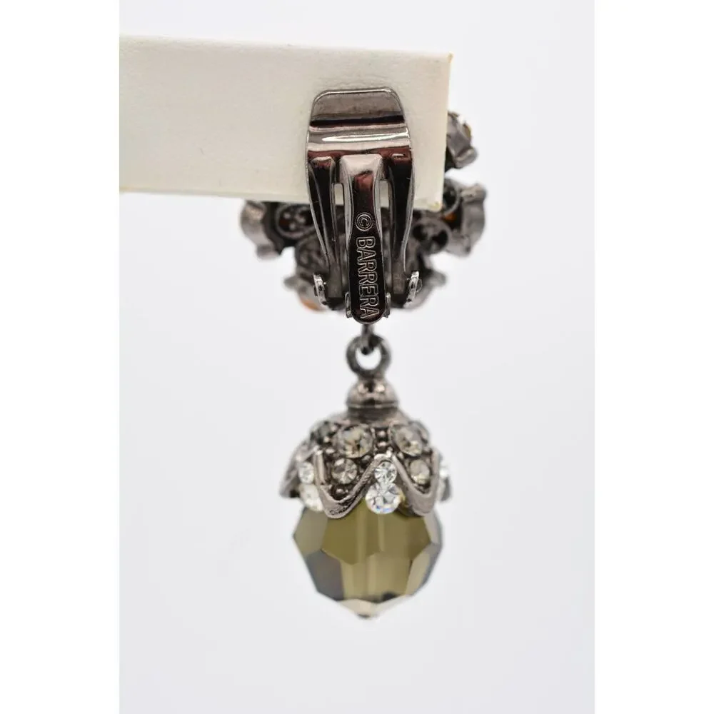 Barrera Vintage Crystal Clip On Earrings Rhinestone Gunmetal Signed 1980s BinAO